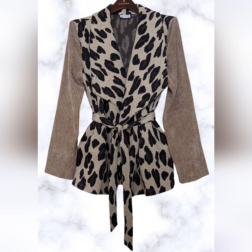 Entro Corduroy/Leopard Animal Print Wrap Sweater